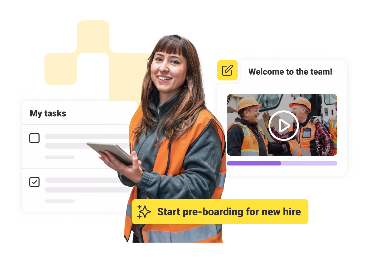 Smiling woman in orange safety vest holding tablet with task list and welcome video for new hire.