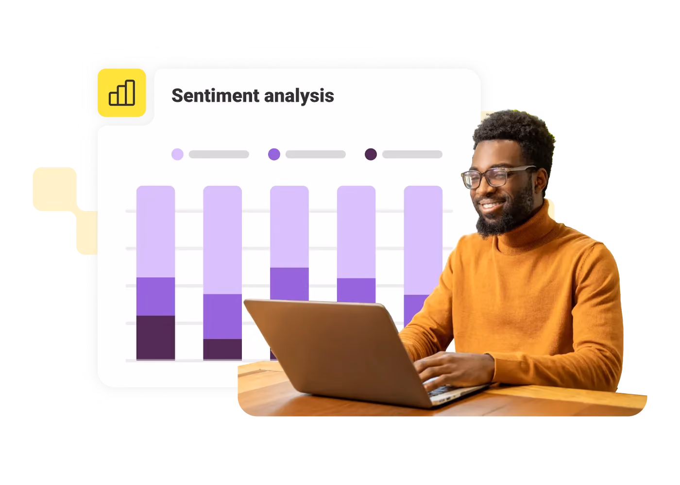 Man wearing glasses and orange sweater using a laptop with sentiment analysis bar chart in background.