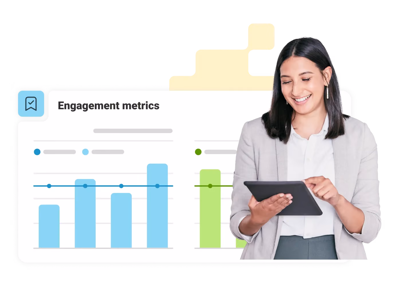 Smiling woman using tablet with digital engagement metrics bar charts in blue and green behind her.