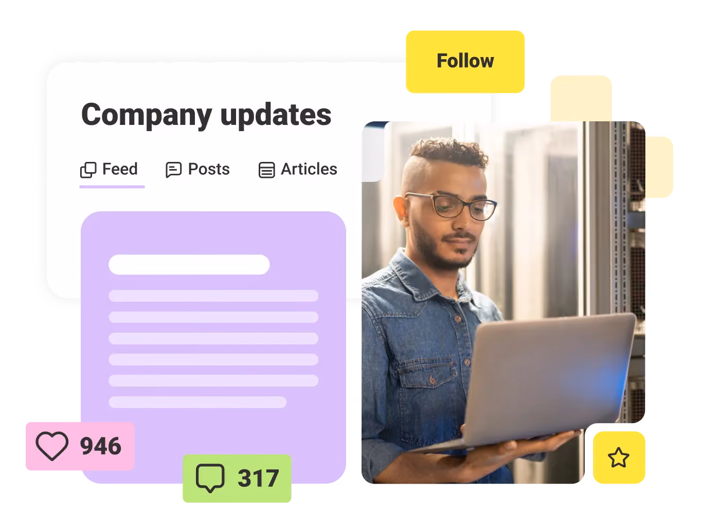 Man in glasses and denim shirt holding laptop, next to a company updates social media feed with likes and comments.