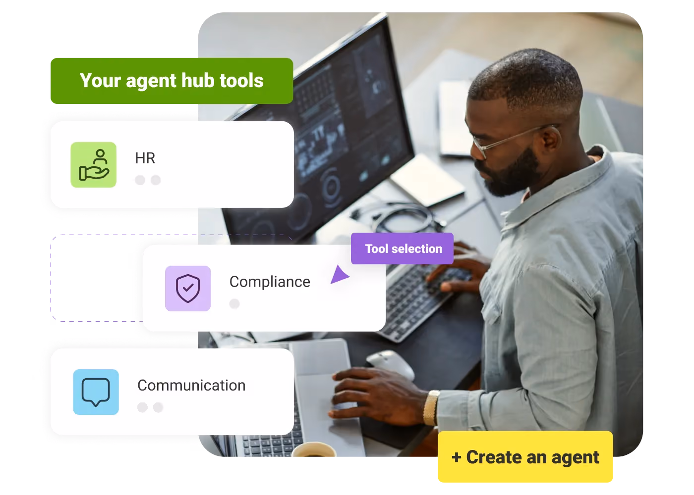 Man working on laptop with digital interface showing HR, Compliance, communication tools, and create agent option.
