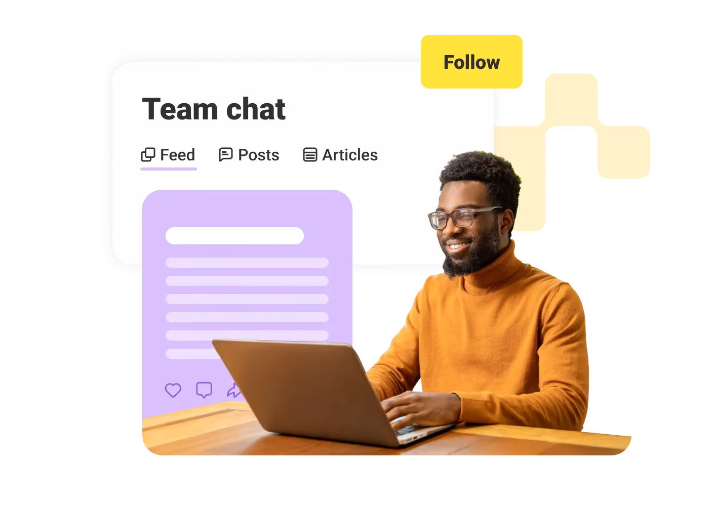 Smiling man in brown sweater typing on laptop with team chat interface in background.