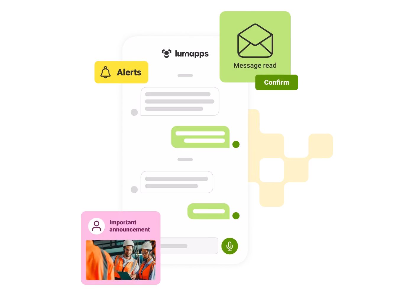 Illustration of Lumapps mobile chat with alerts, message read confirmation, and announcement with workers image.