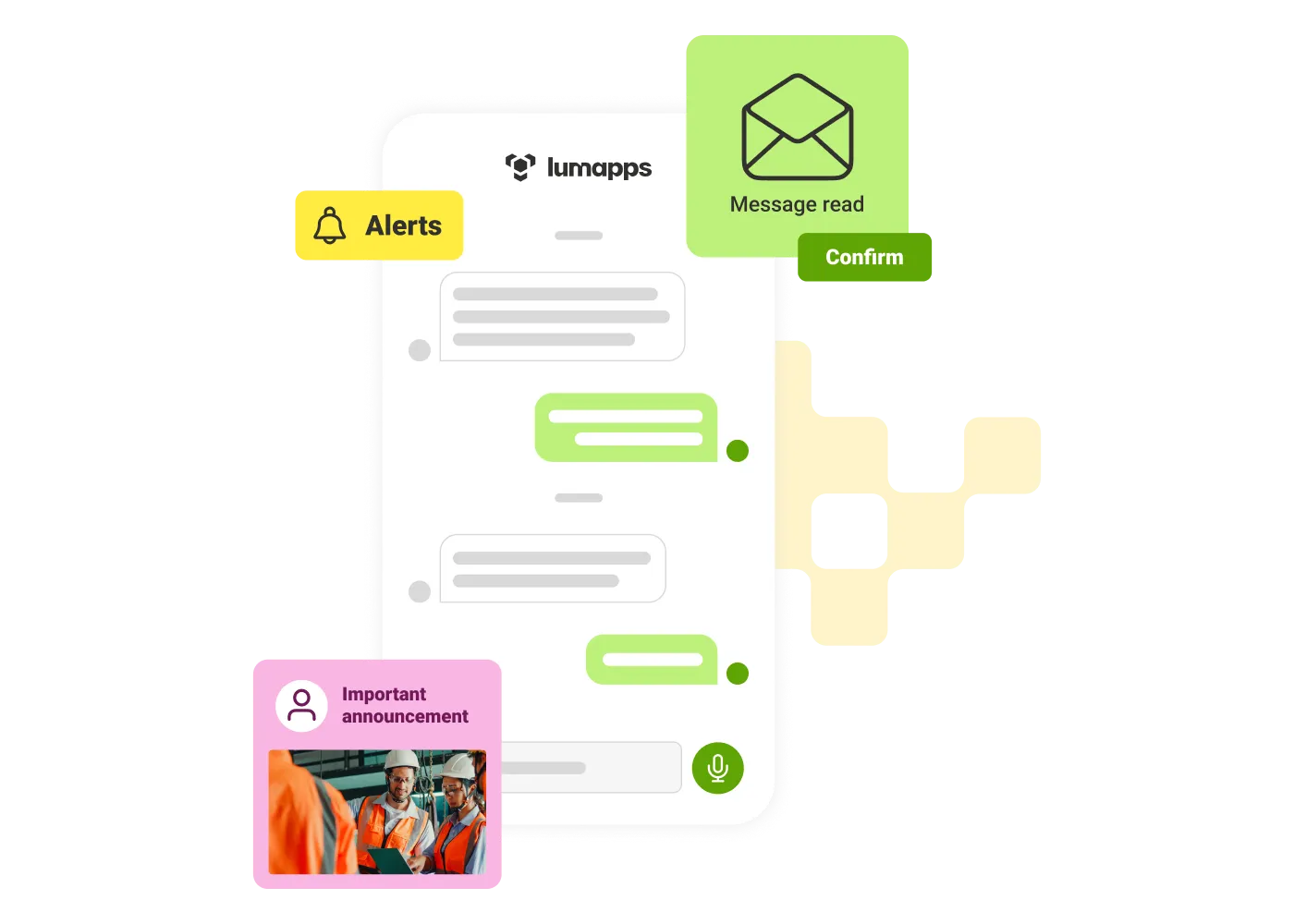 Illustration of Lumapps mobile chat with alerts, message read confirmation, and announcement with workers image.