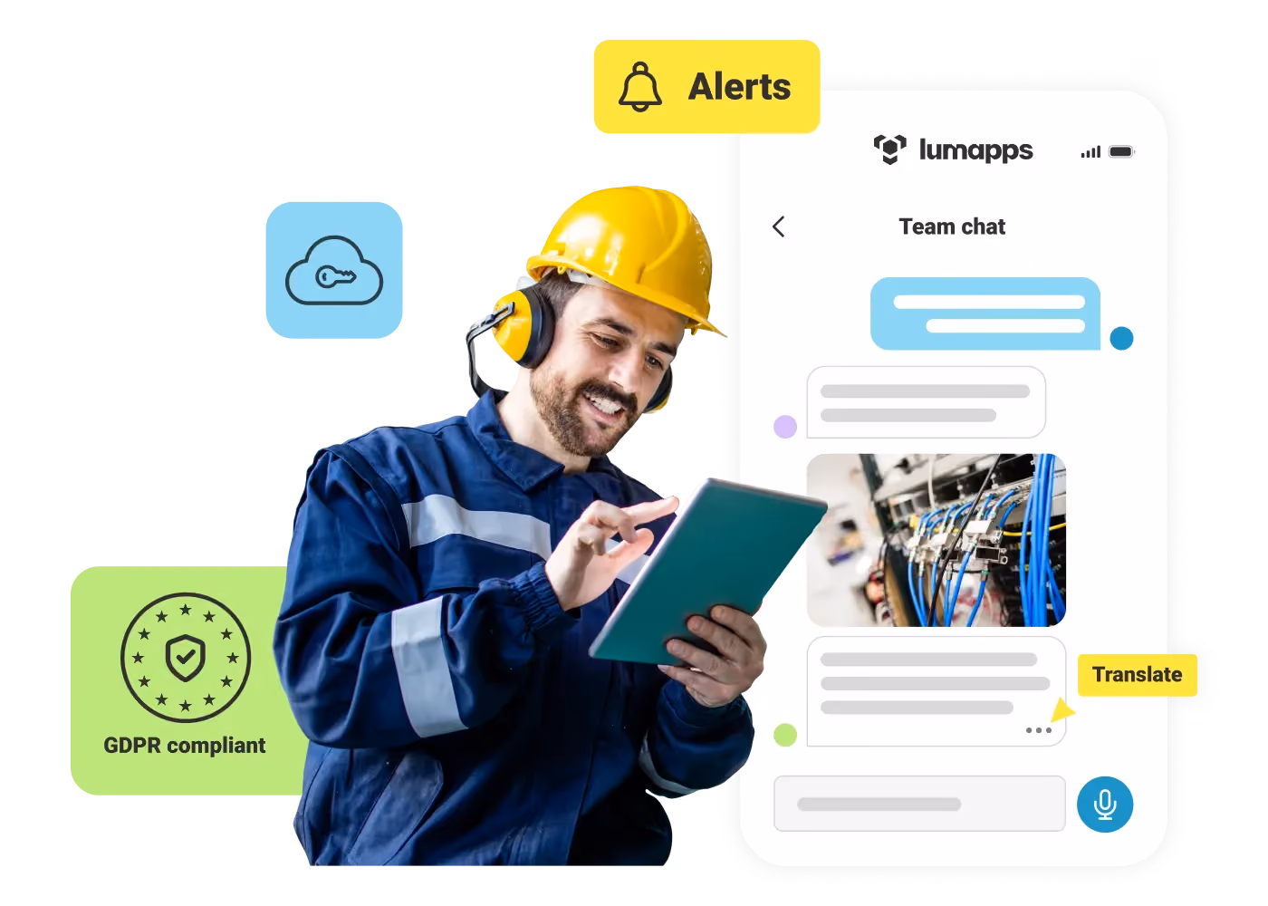 Smiling man in safety gear using tablet with a chat interface showing alerts, translate, and GDPR icons.