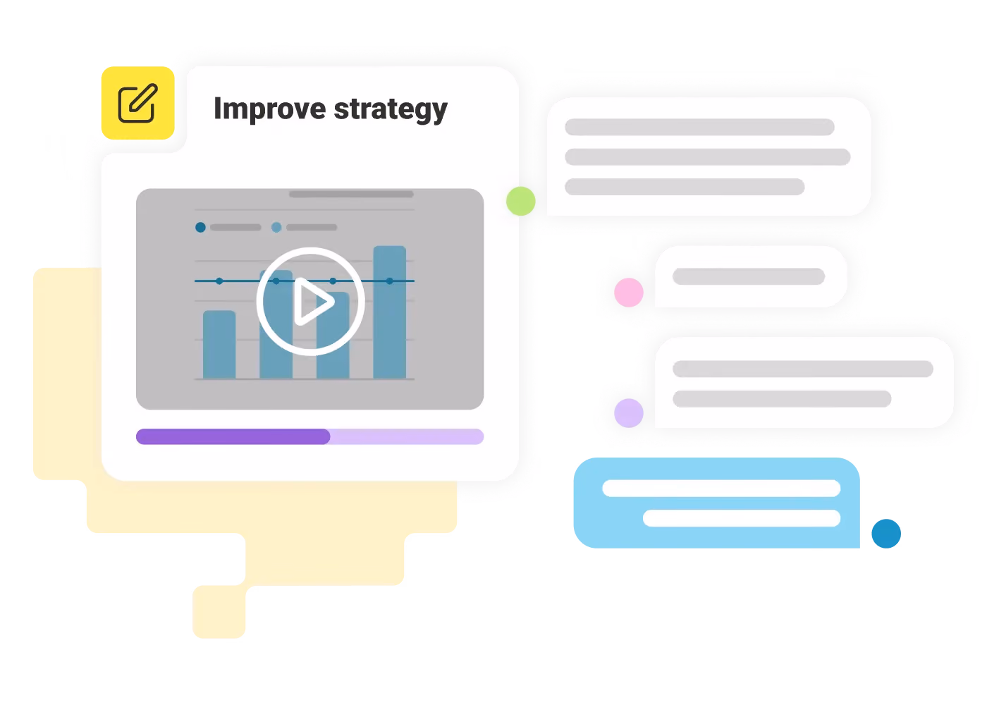 Graphic showing strategy improvement with a video chart and color-coded chat messages.
