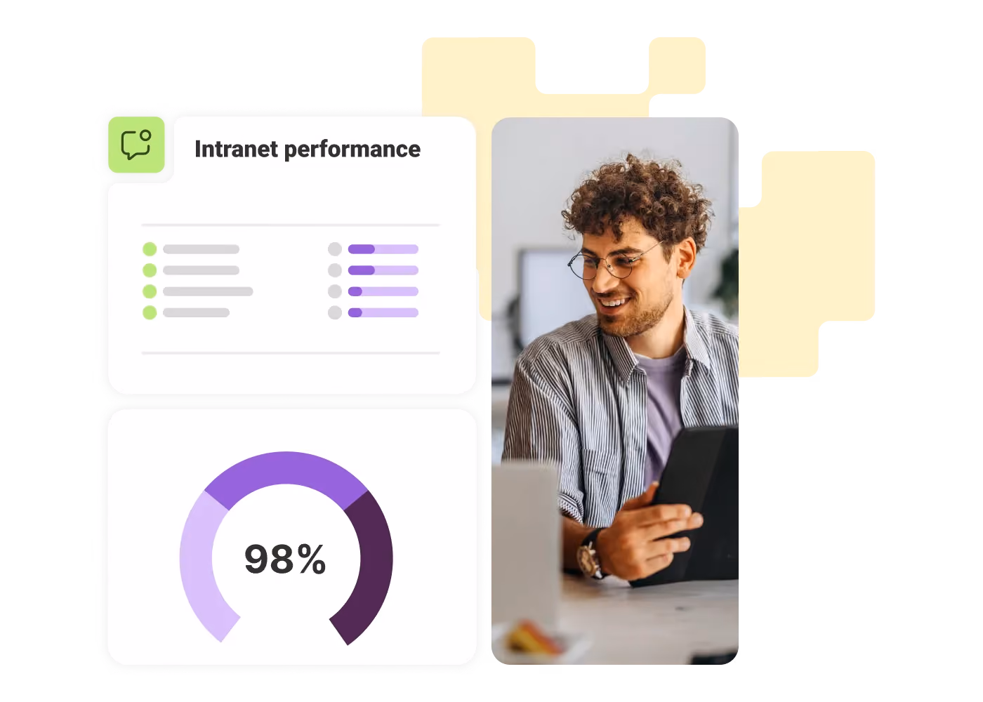 A man with curly hair and glasses smiles while holding a tablet beside an intranet performance dashboard showing 98%.