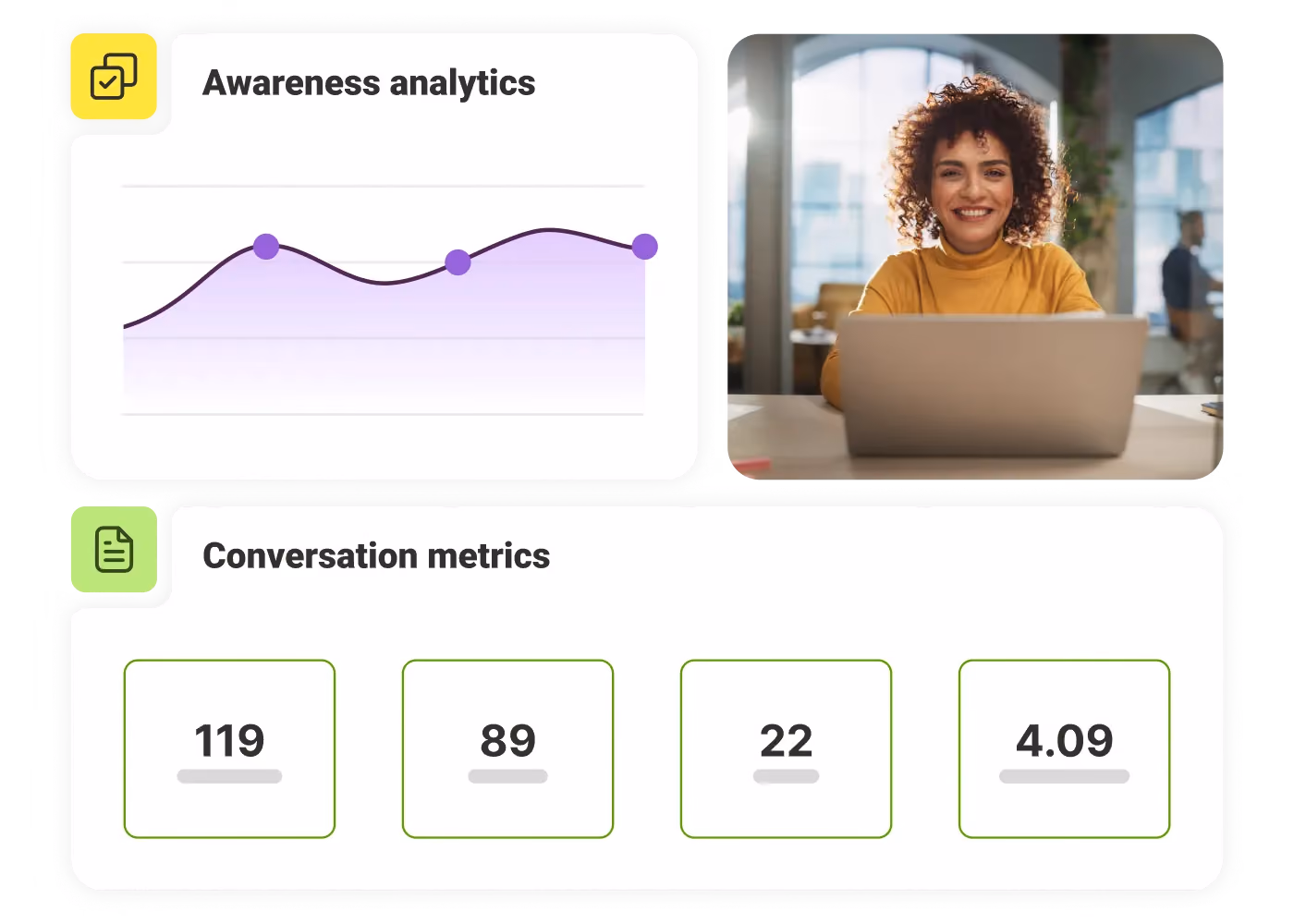 Graph of awareness analytics and green-bordered boxes showing conversation metrics next to a smiling woman on a laptop.