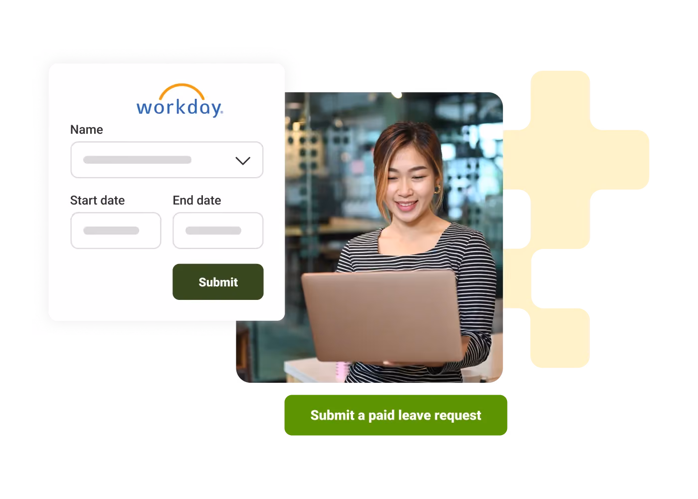 Woman smiling while working on a laptop with a digital form for submitting leave requests.