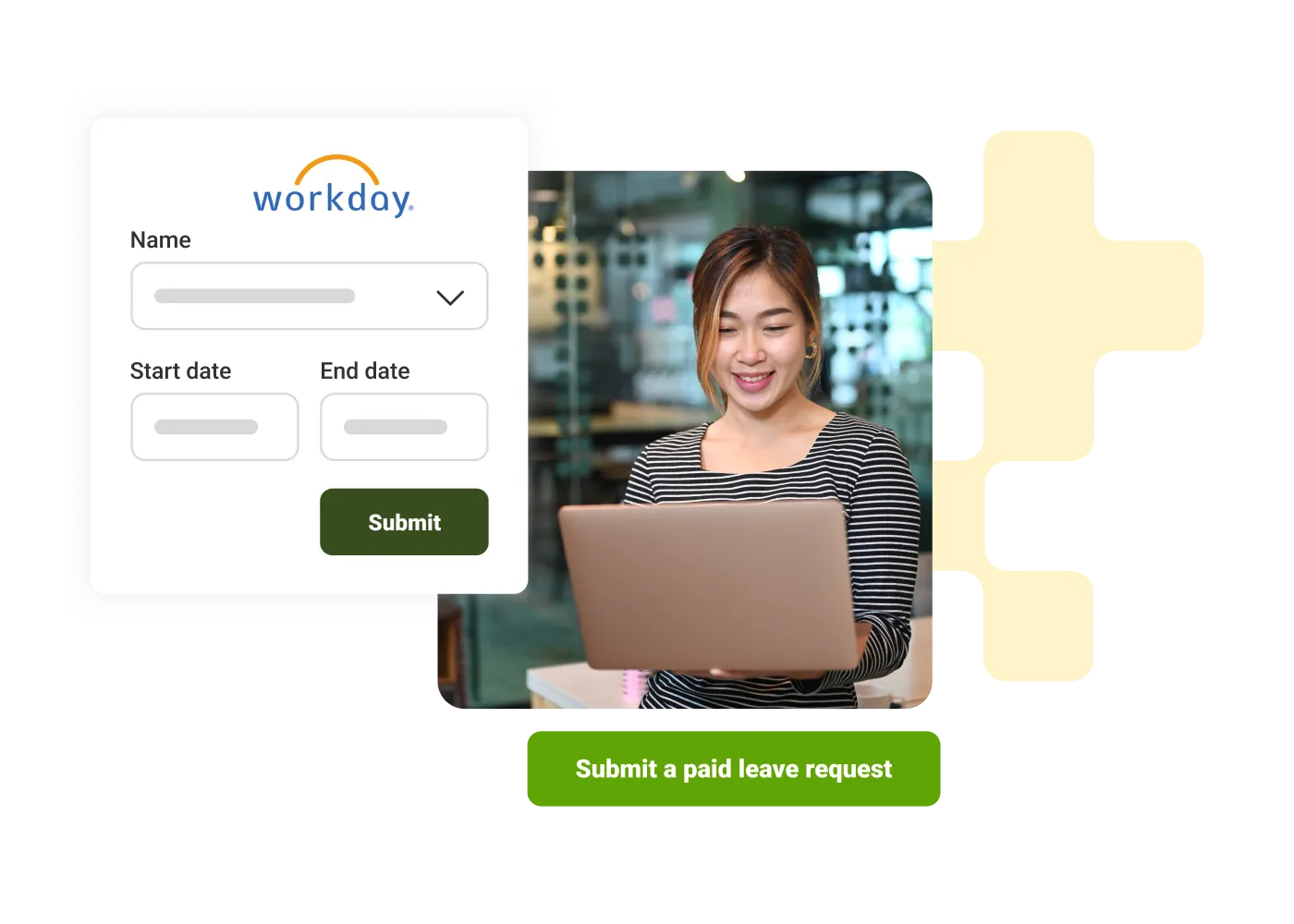 Woman smiling while working on a laptop with a digital form for submitting leave requests.