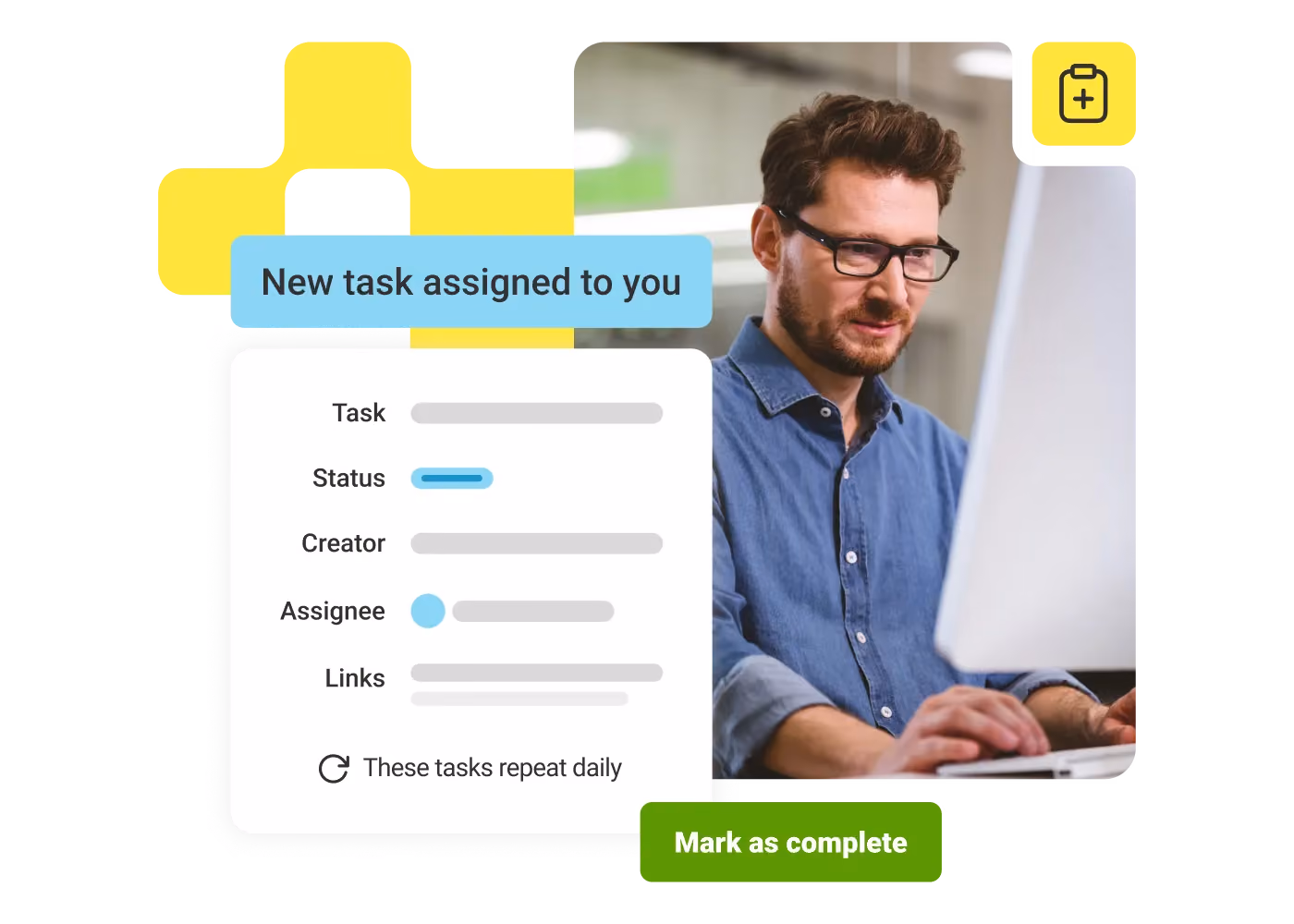 Man with glasses working on computer next to a task notification interface and 'Mark as complete' button.
