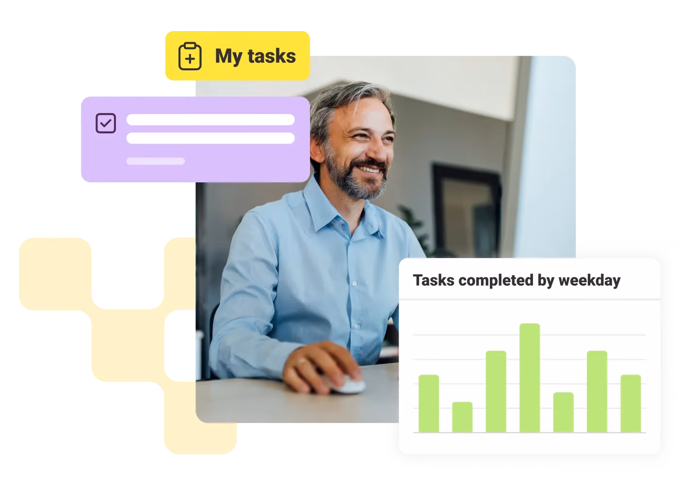 Smiling man in blue shirt using computer with overlays showing task lists and weekly task completion chart.