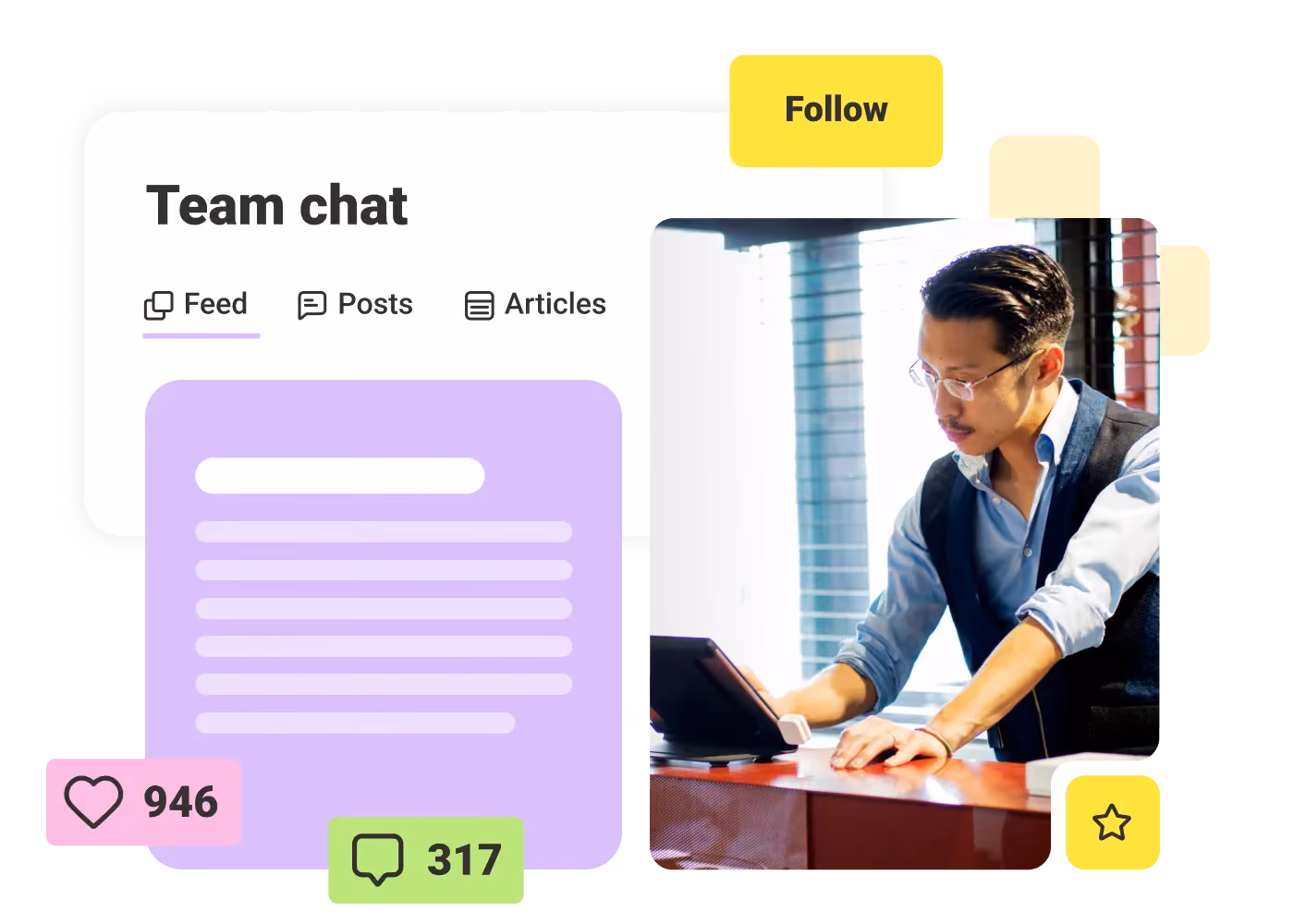 Man in blue shirt and vest using a tablet next to a team chat interface showing likes and comments.