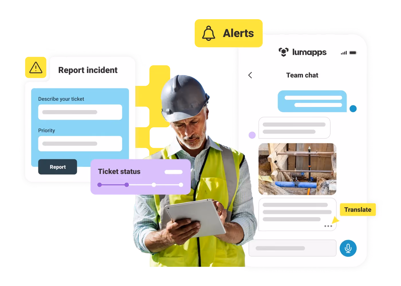 Construction worker in safety vest using tablet with digital incident report and team chat interfaces.