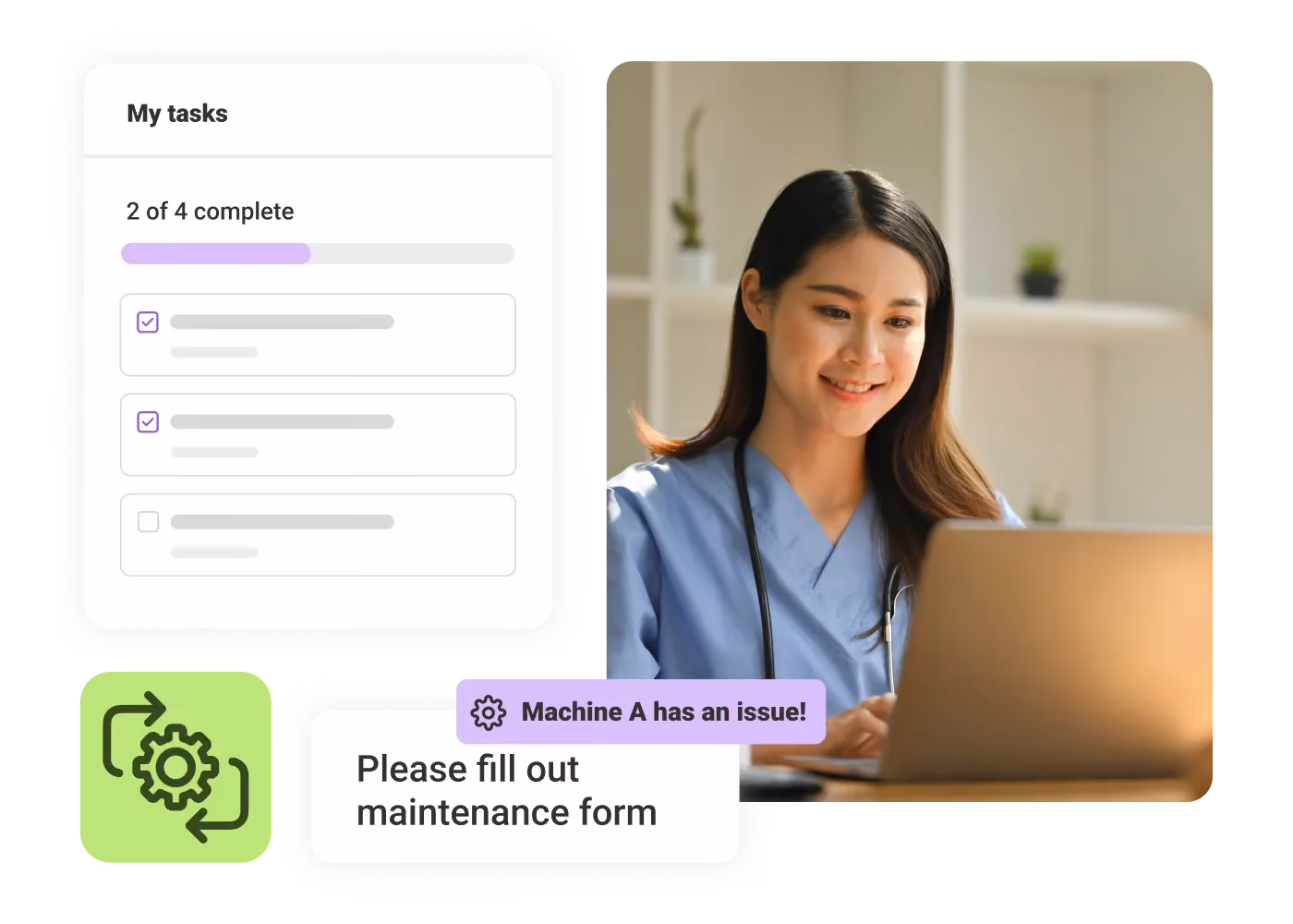 Smiling nurse in blue scrubs working on laptop with a task list and maintenance alert overlay.