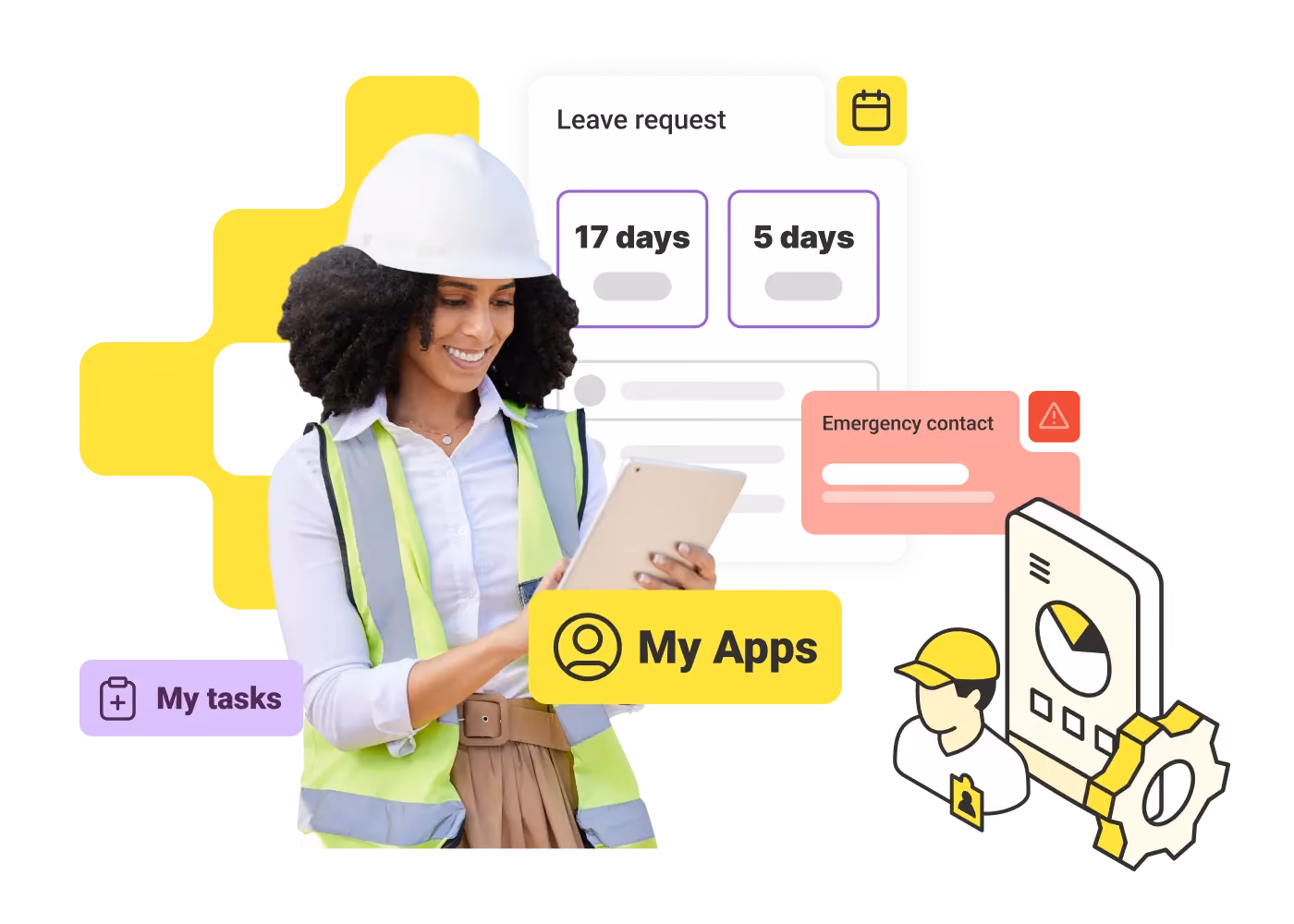 Smiling woman in hard hat and safety vest holding tablet with app icons and data graphics around.