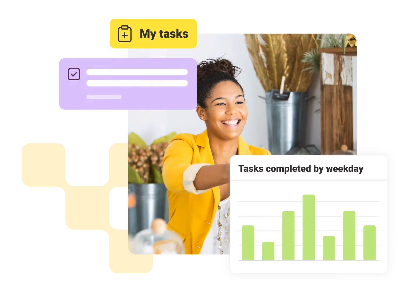 Smiling woman in yellow jacket with task list and bar chart labeled tasks completed by weekday.