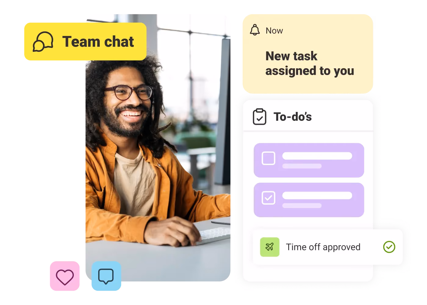 Smiling man at computer with team chat and task notifications about to-dos and approved time off.