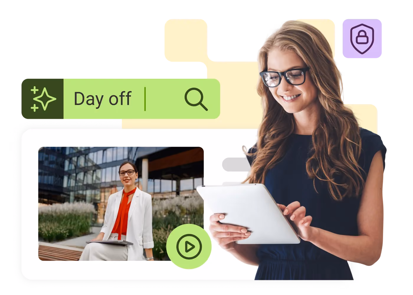Smiling woman with glasses using a tablet, next to a search bar labeled 'Day off' and a video thumbnail.