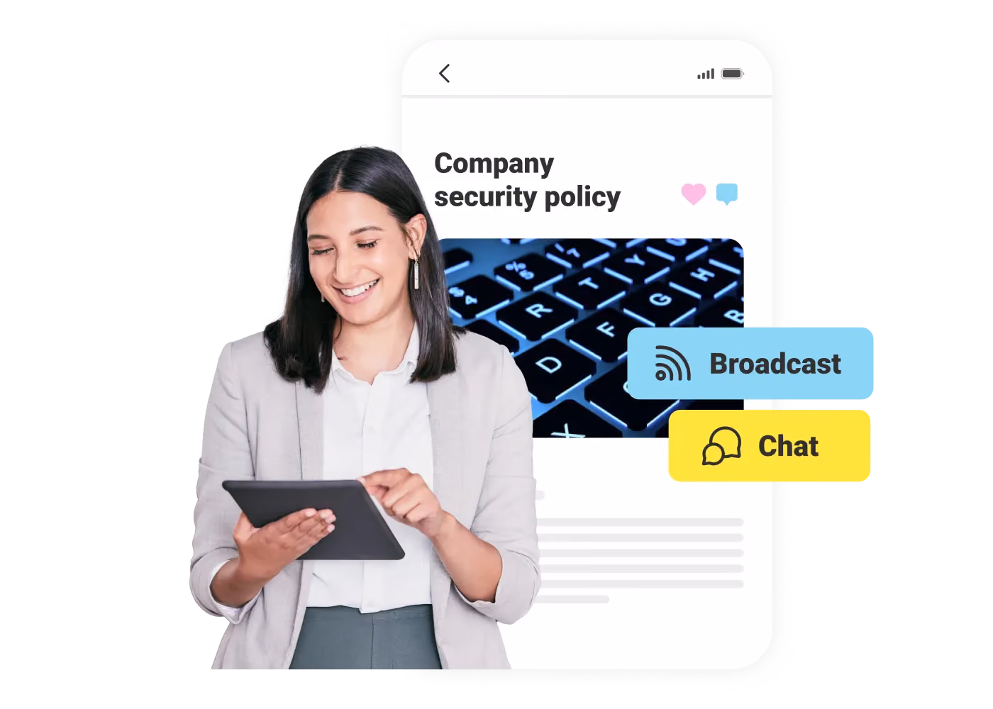 Smiling woman using a tablet next to a phone screen showing company security policy with broadcast and chat options.