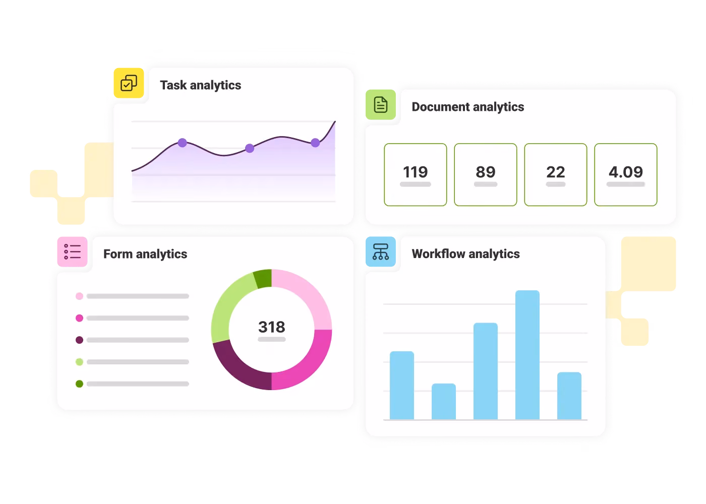 Dashboard with task line chart, document stats, form analytics donut chart, and workflow bar graph.