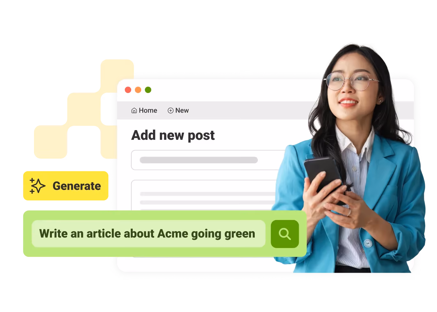 Woman in teal blazer holding phone next to a screen showing 'Add new post' and a search bar with prompt.