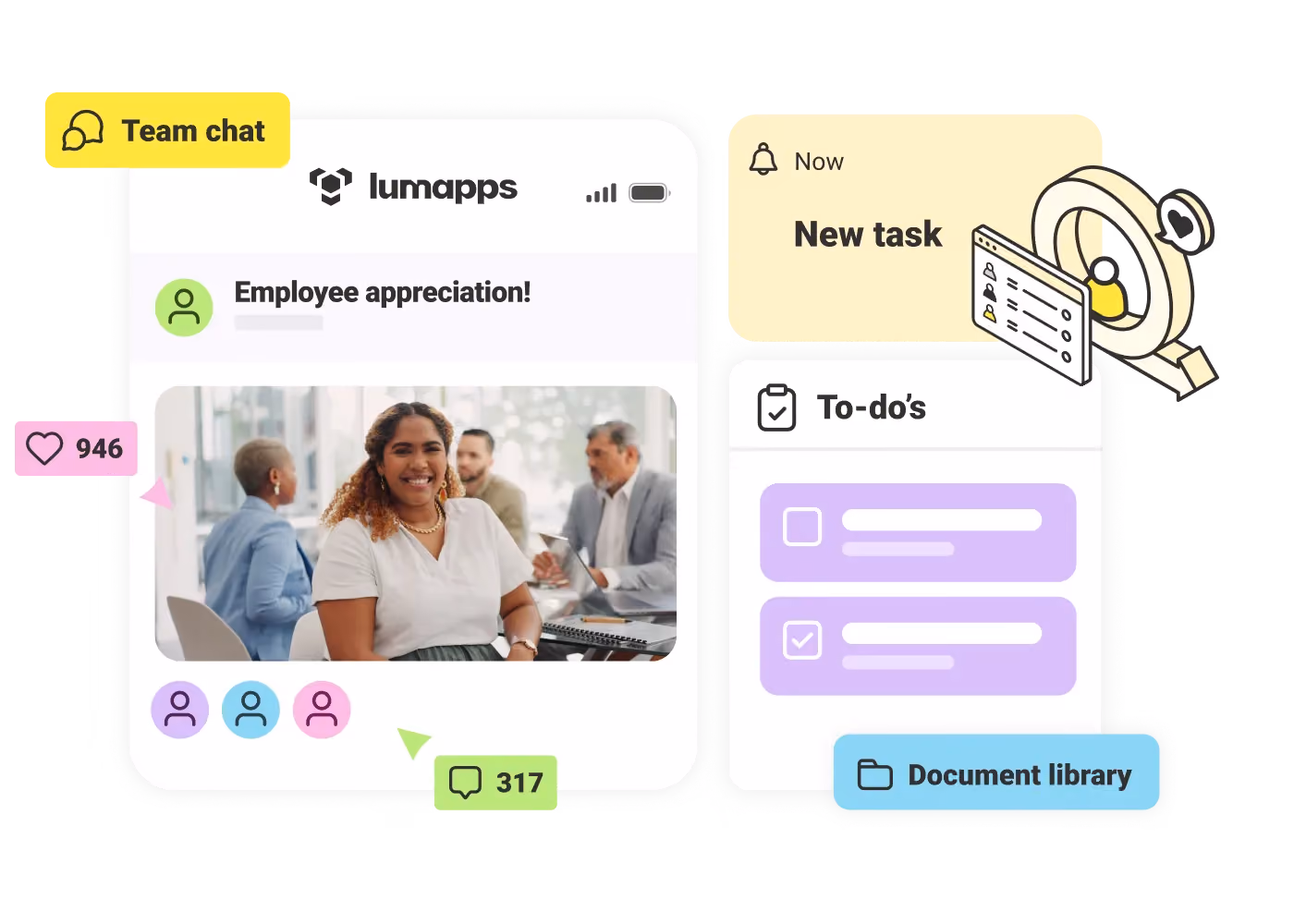Team chat showing employee appreciation post with photo, likes, comments, new task, to-dos, and document library.
