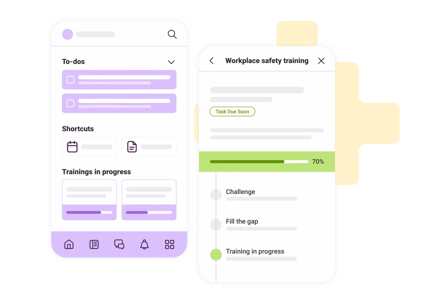 Two mobile screens showing to-dos, shortcuts, and training progress with a 70% completion bar.