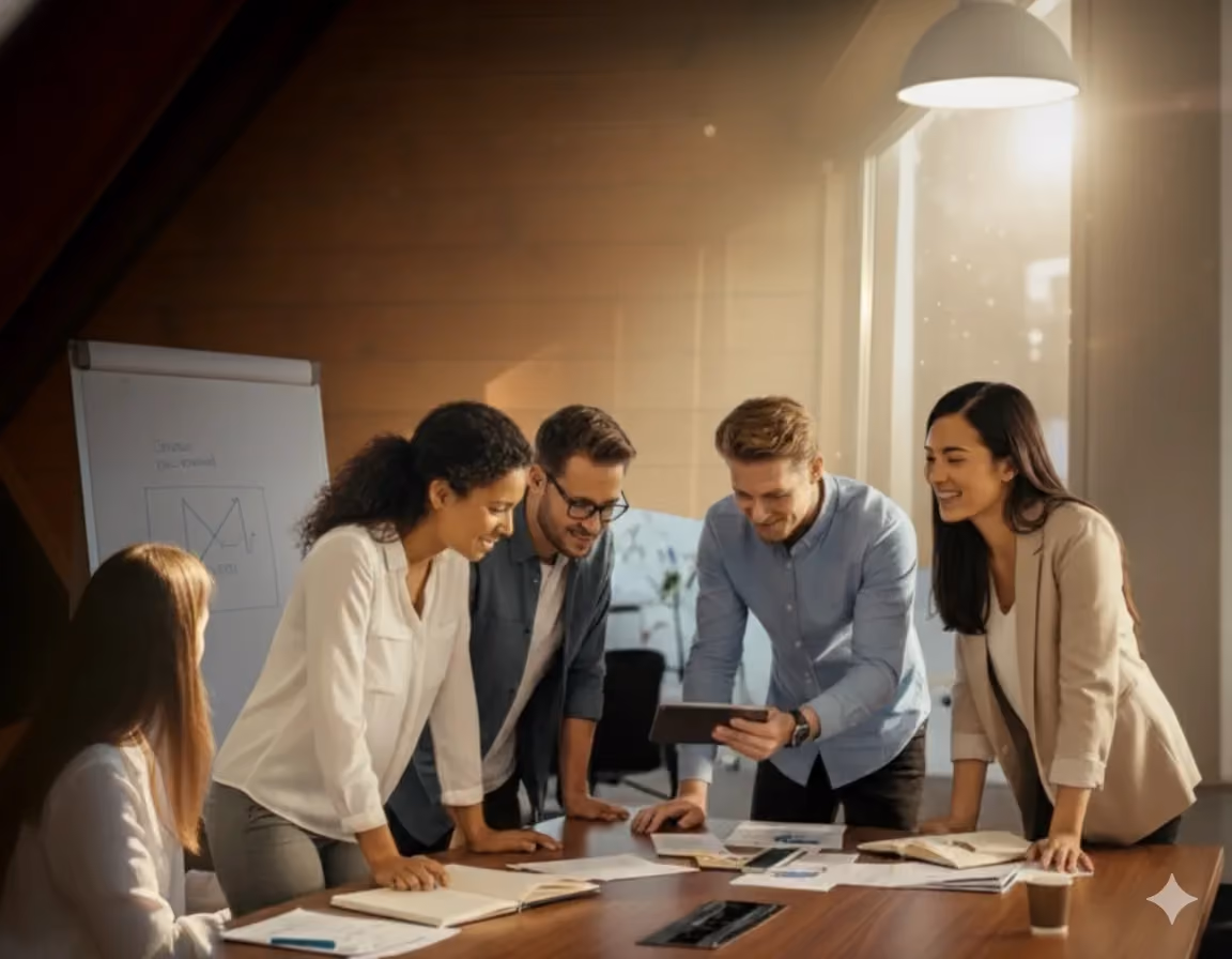 Five coworkers gathered around a table reviewing a tablet and documents in a sunlit office.