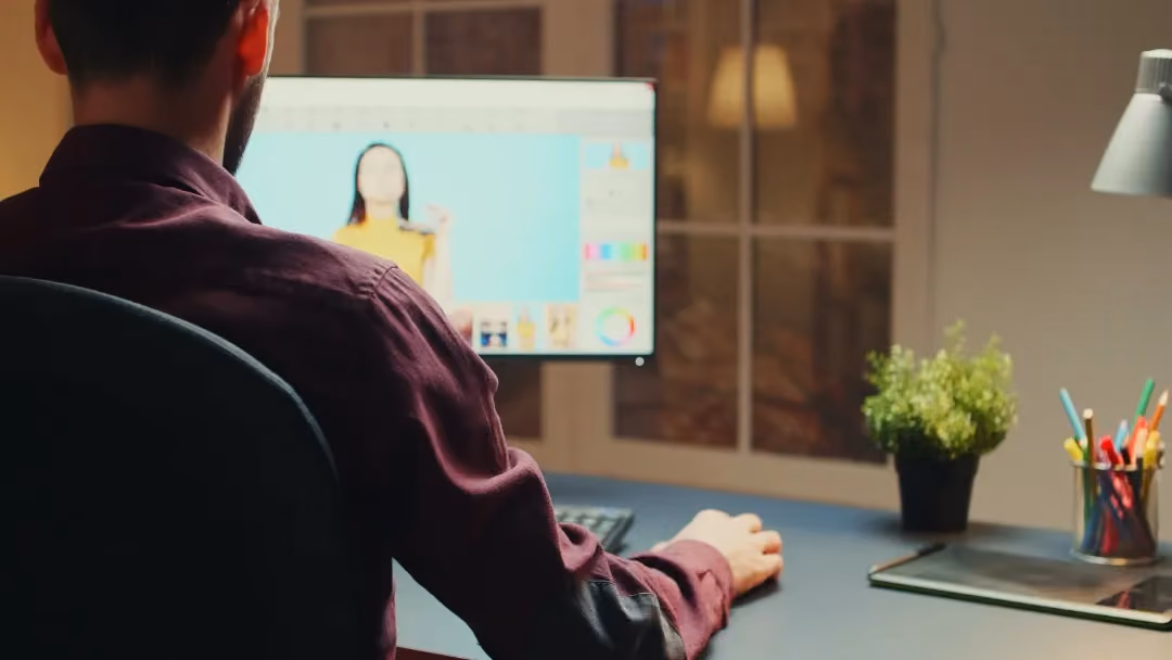Man in a purple shirt editing a photo of a woman on a computer in a dimly lit room.