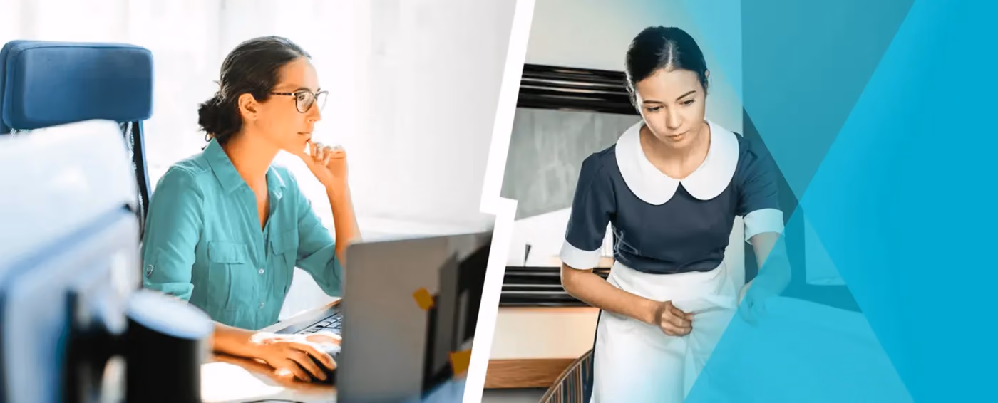Split image of a woman in glasses working on a laptop and a woman in a maid uniform tidying a bed.