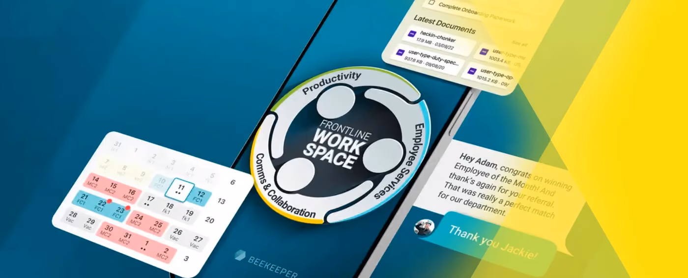 Smartphone with Frontline Workspace logo surrounded by calendar, documents, and congratulatory chat message.