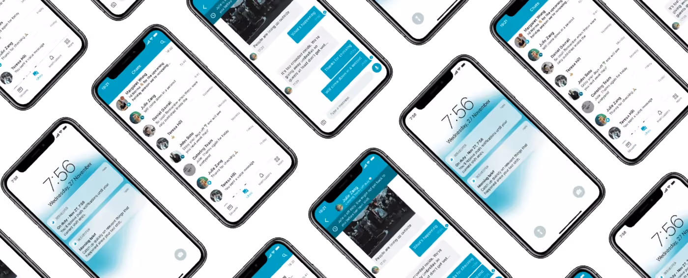 Multiple iPhones displaying chat messages and notifications on a black background.