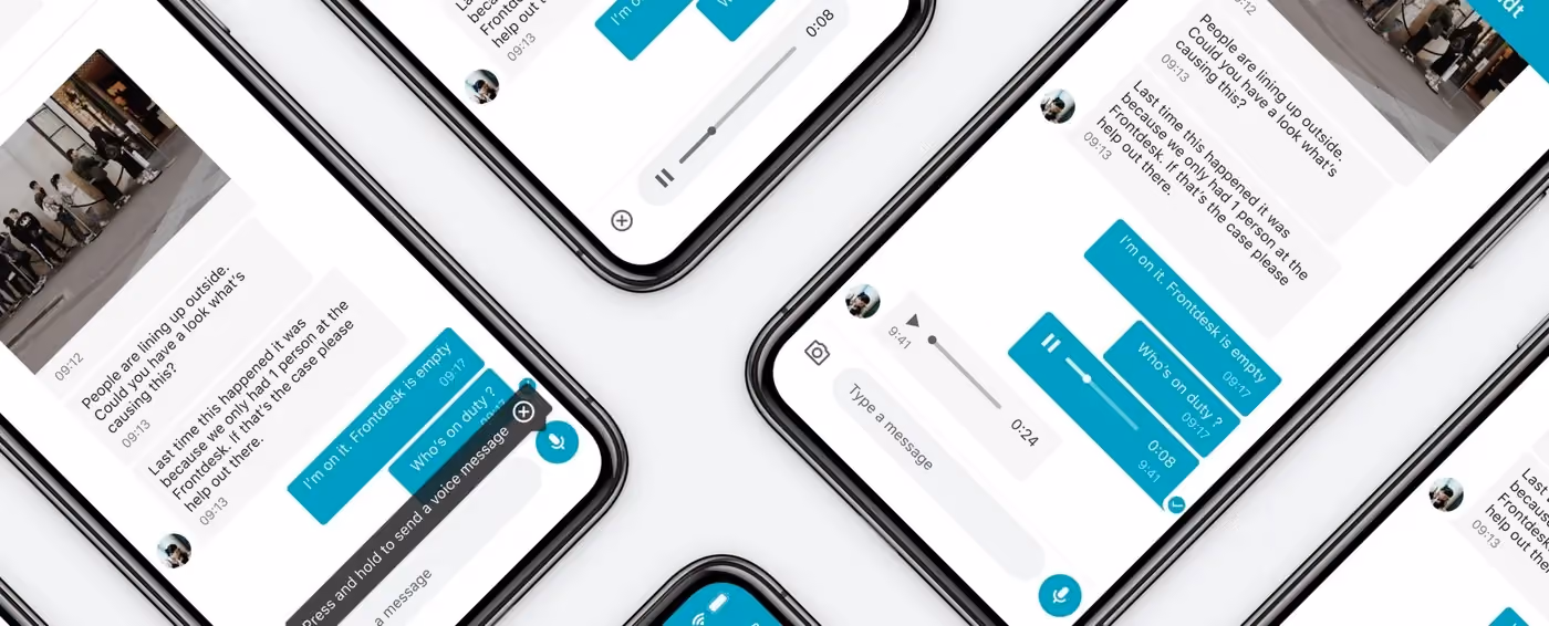 Multiple smartphone screens showing a chat app with text and voice messages in blue and gray chat bubbles.