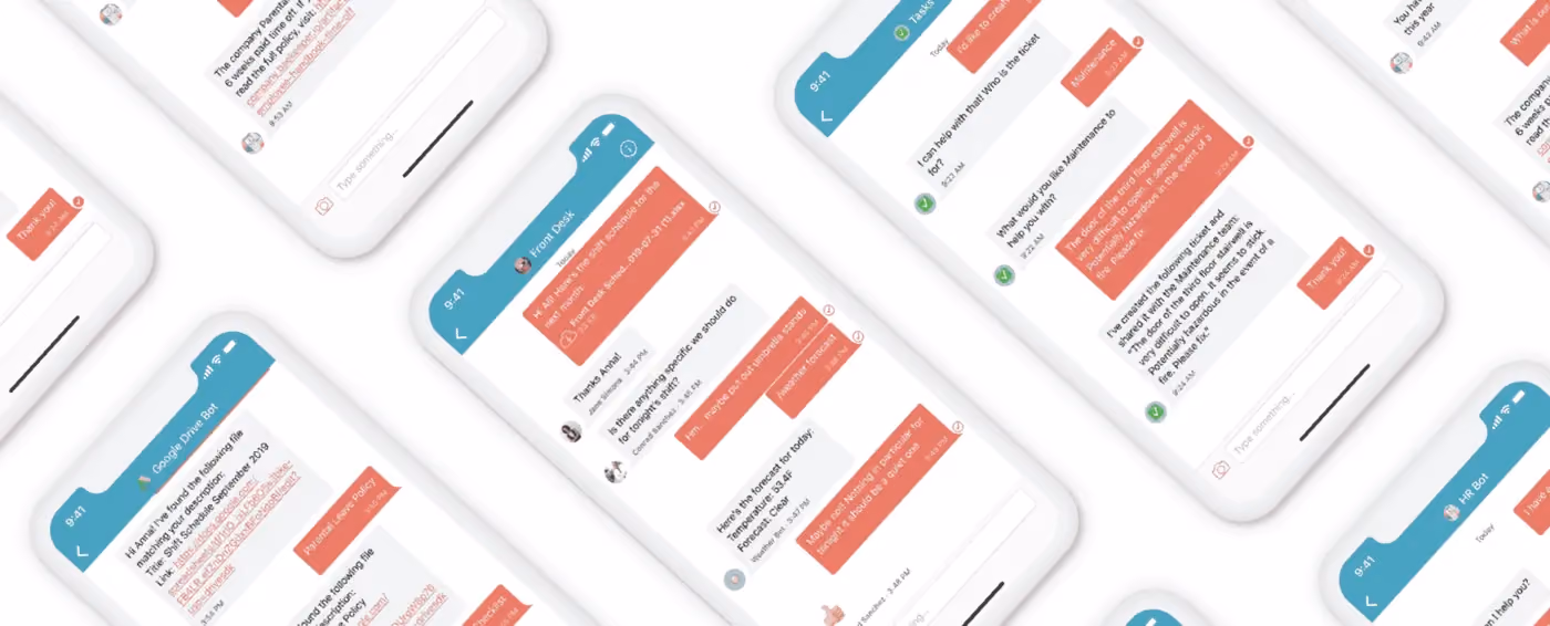 Multiple smartphone screens showing different chat conversations with bots and users in a messaging app.
