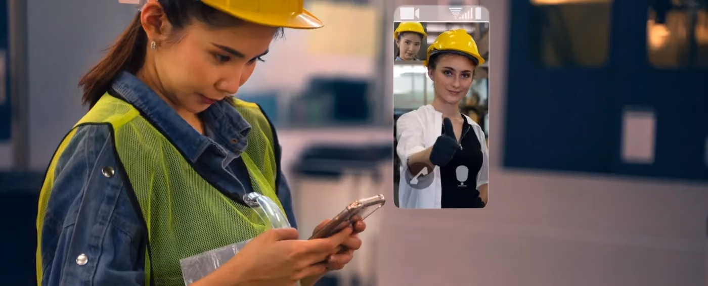 Woman worker wearing a hard hat and vest using a phone, video calling another woman giving a thumbs-up.