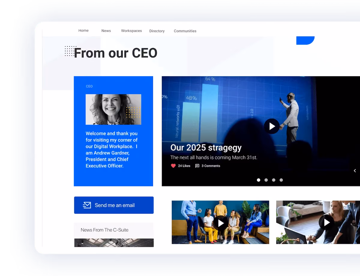 CEO message section with smiling woman's photo and 2025 strategy video on a company intranet page.