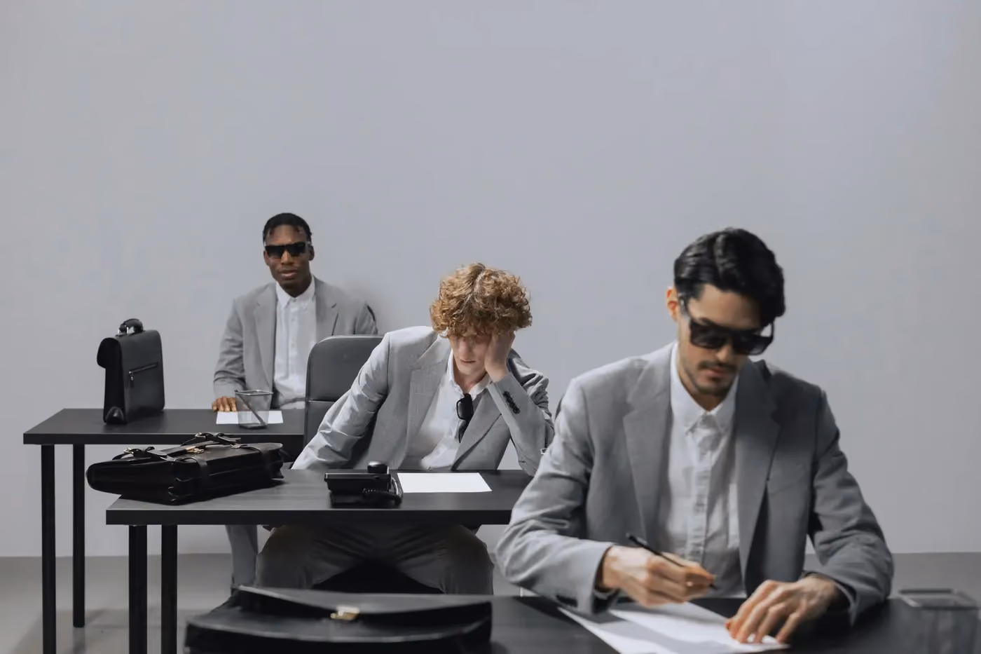 Three men in gray suits and sunglasses sitting at desks with papers and briefcases.
