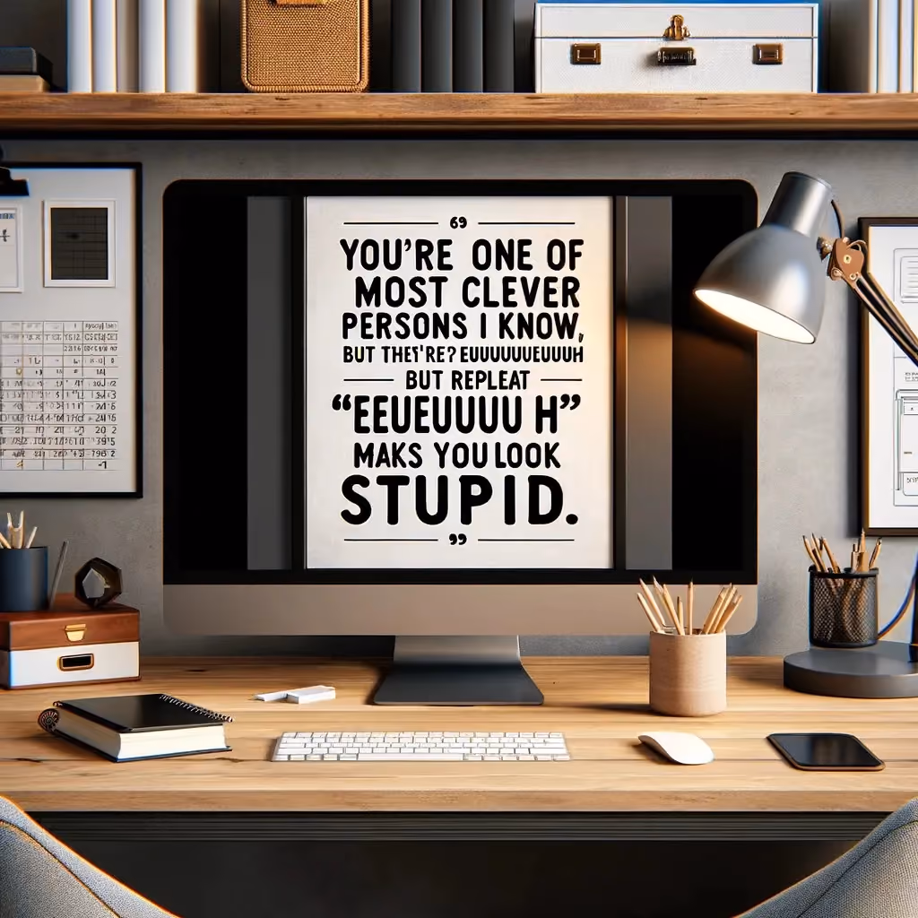 Desk with computer showing a quote about cleverness and repeating 'eeueuuu h' making you look stupid.