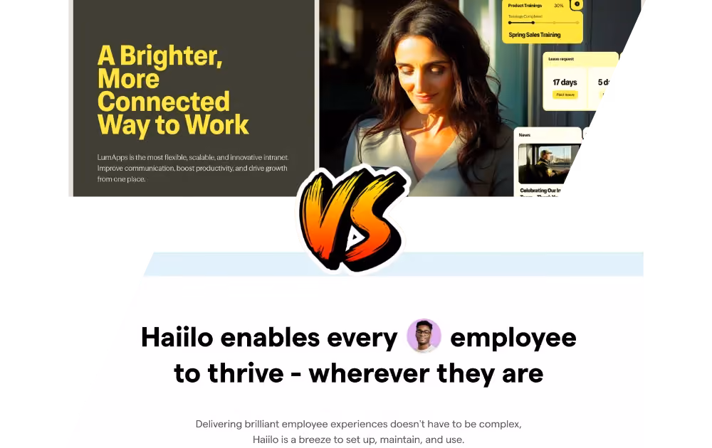Comparison of LumApps and Haiilo with a woman smiling, headlines about connected work and employee thriving.