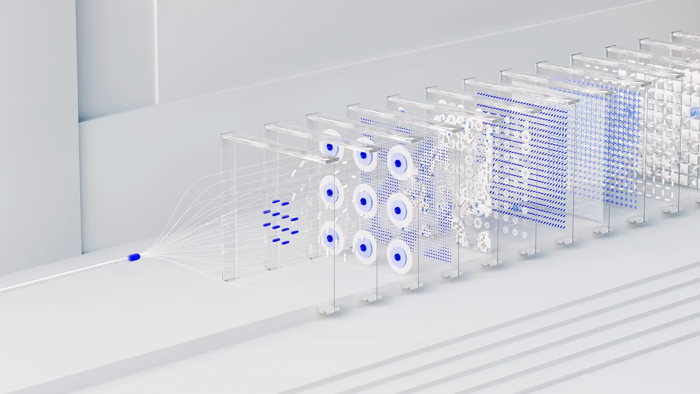 Abstract layered 3D network with spheres and dots connected by lines representing data flow.