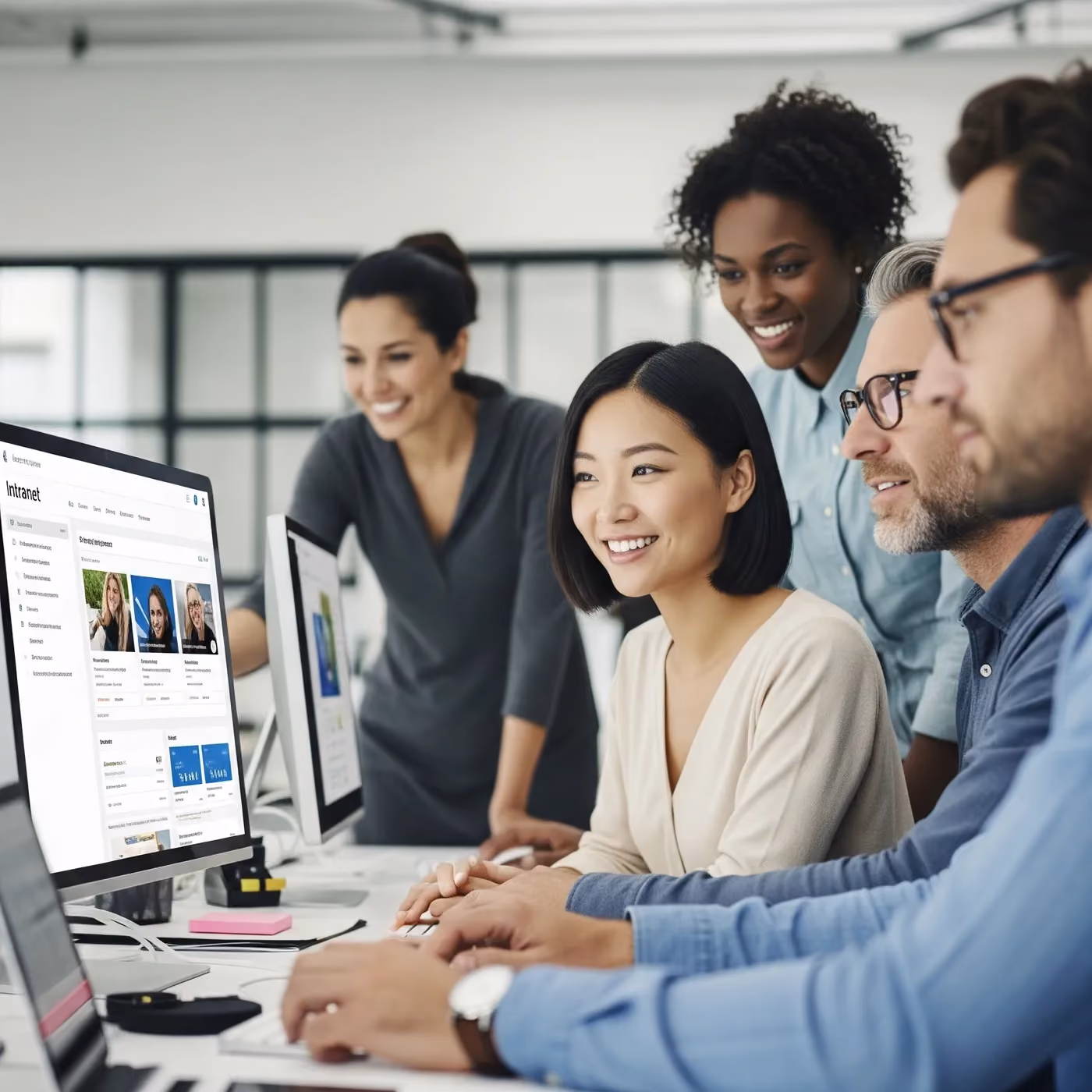 Group of four diverse coworkers smiling and collaborating around computer screens in an office.