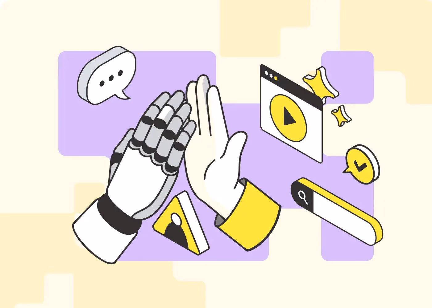 Illustration of a robot hand and human hand high-fiving with search and play icons around them.