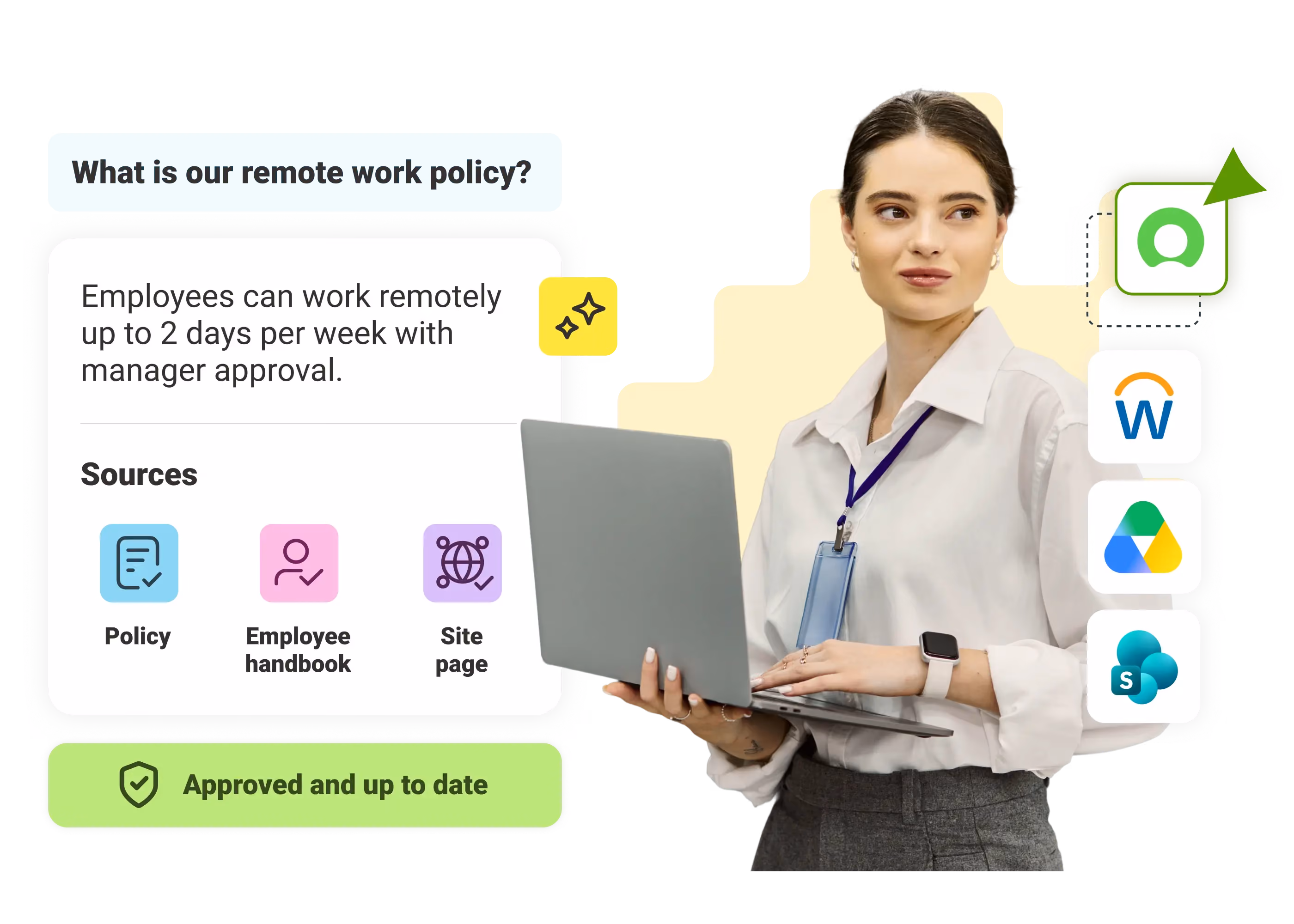 Woman holding laptop next to text about remote work policy allowing two remote days weekly with manager approval.