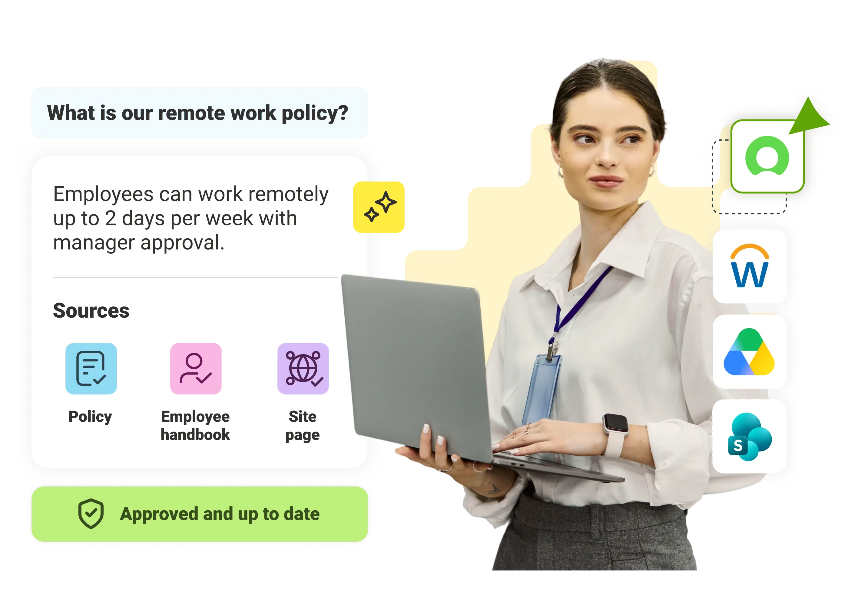 Woman holding laptop next to text about remote work policy allowing two remote days weekly with manager approval.