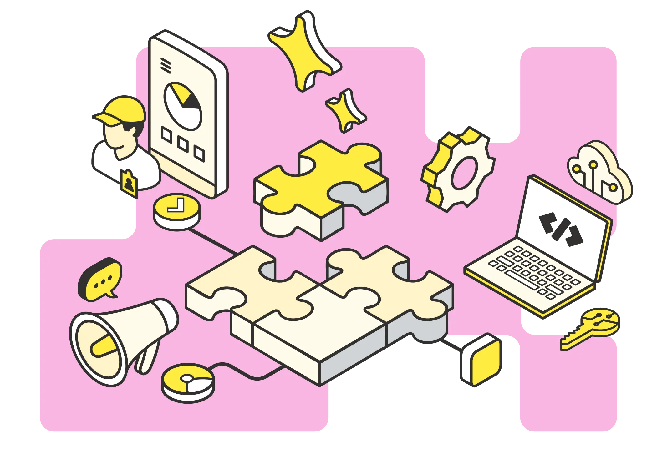 Isometric illustration of puzzle pieces, a laptop with code, gear, cloud, megaphone, and analytics icons on pink.