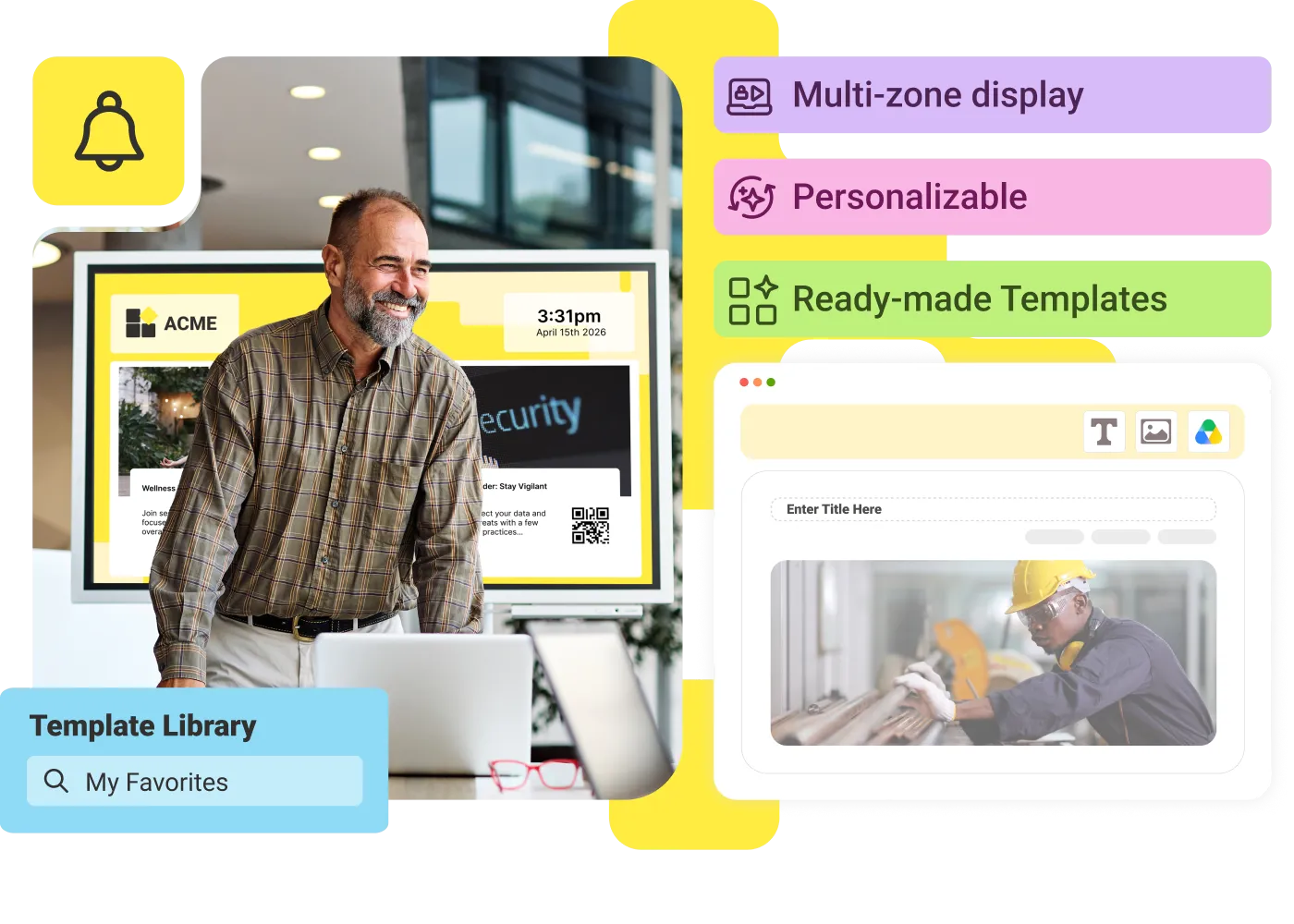 Man working on a laptop beside a branded ACME signage screen, with labels for multi-zone display, personalizable and ready-made templates.