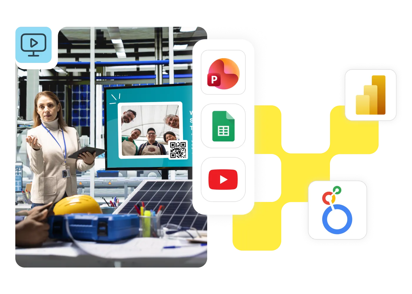Woman presenting beside a workplace screen showing team news and a QR code, connected to PowerPoint, Google Sheets, YouTube and Power BI app icons.