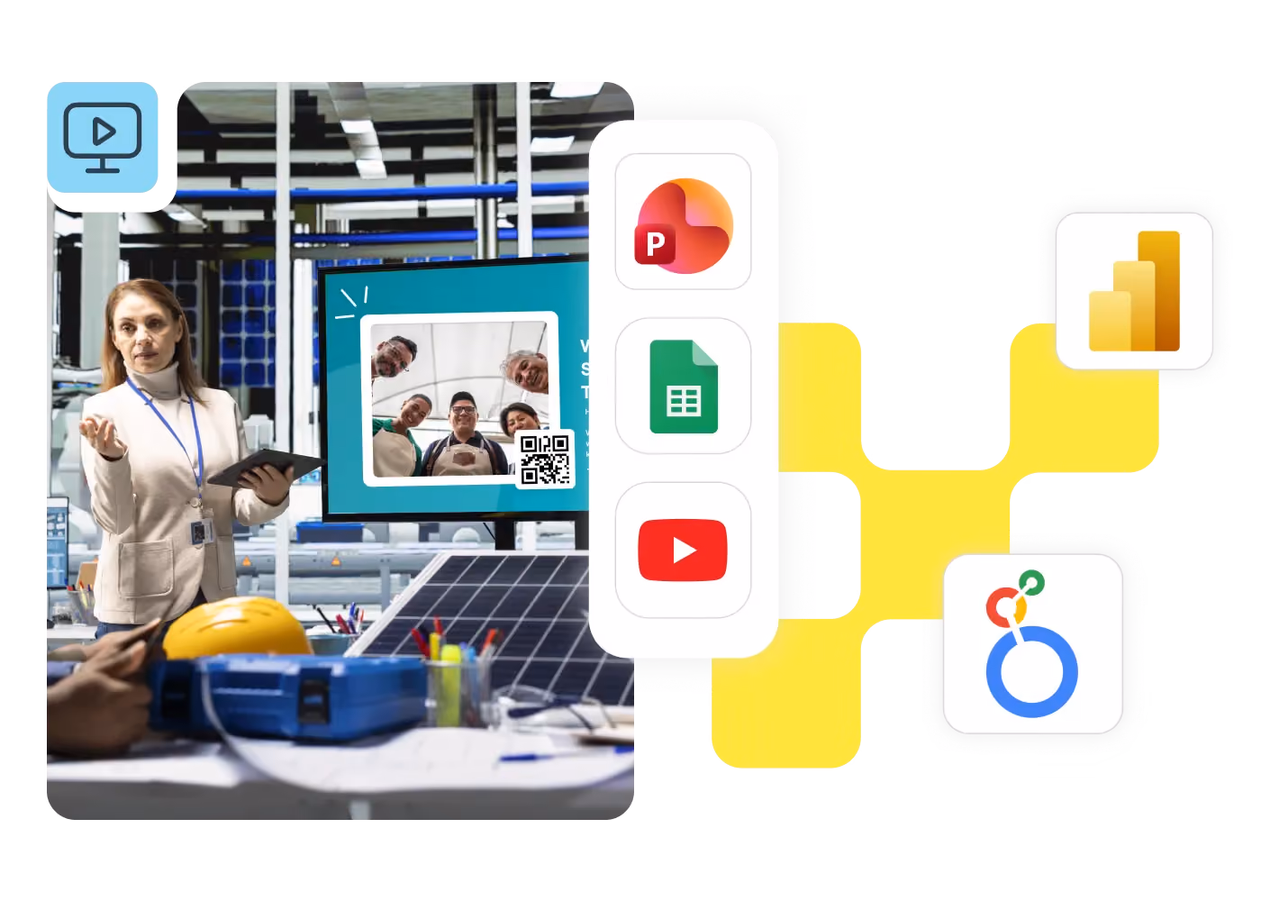 Woman presenting beside a workplace screen showing team news and a QR code, connected to PowerPoint, Google Sheets, YouTube and Power BI app icons.