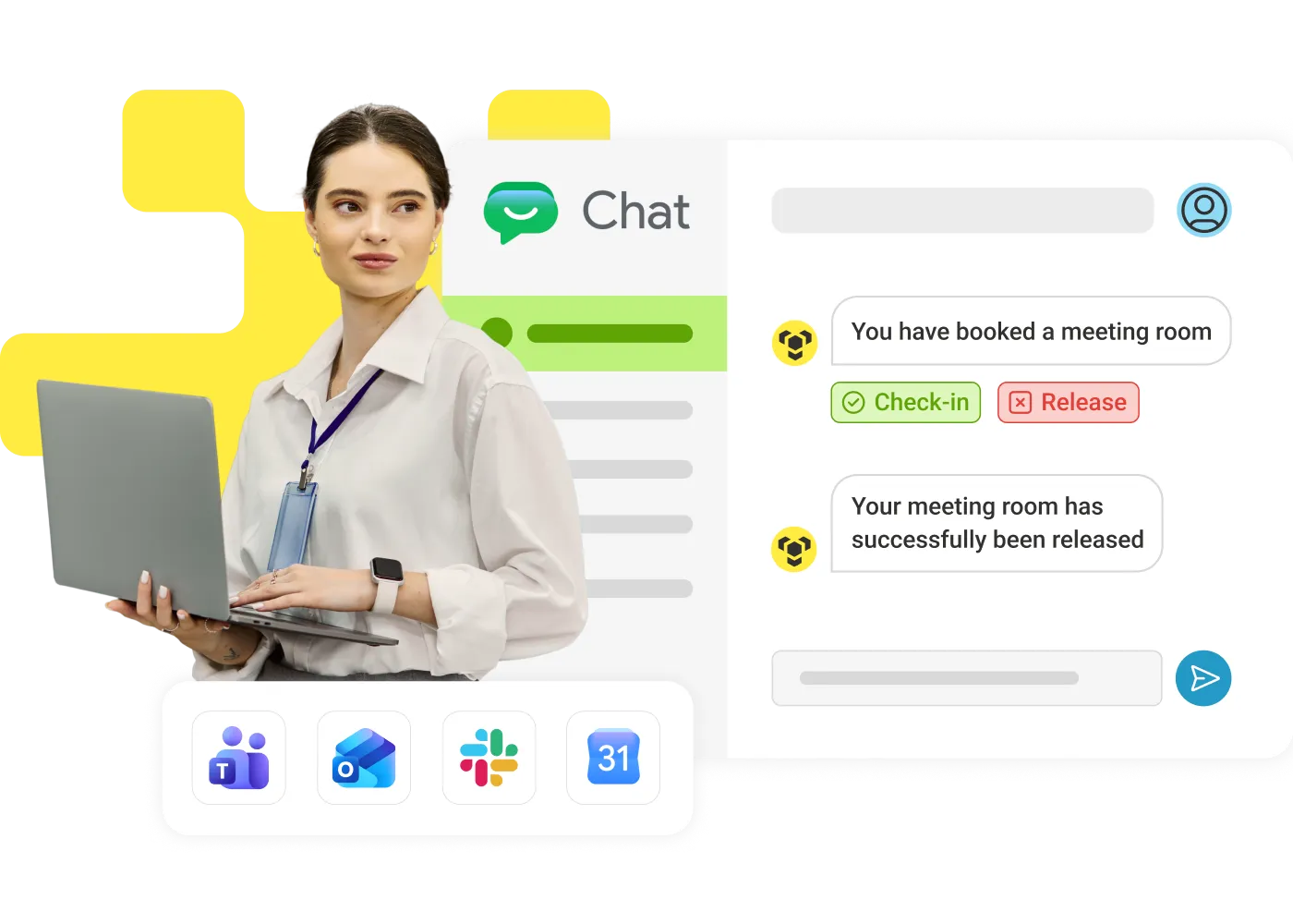 Woman with a laptop beside a chat app booking a meeting room, with check-in and release buttons and Teams, Outlook, Slack and Calendar integration icons.